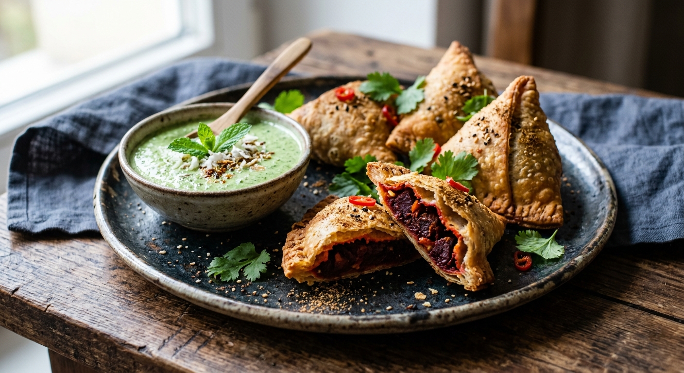 Tandoori-Rote-Bete-Samosa mit Kokos-Minz-Chutney