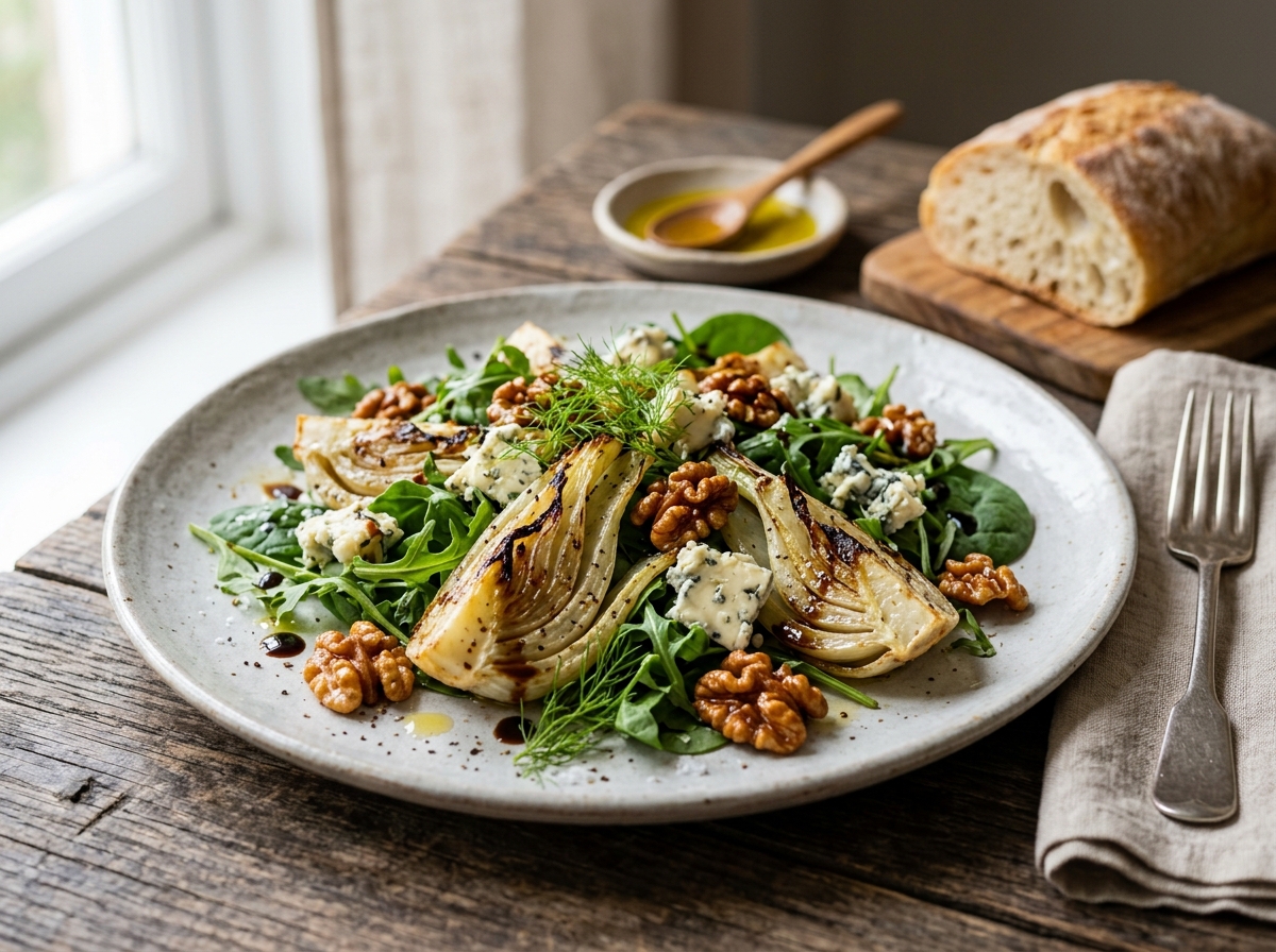 Gerösteter Fenchel-Gorgonzola-Salat mit karamellisierten Walnüssen