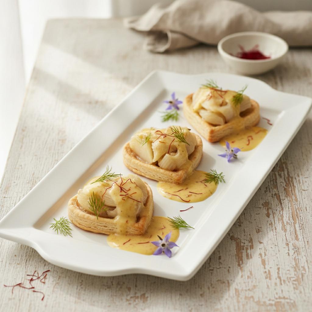 Confierte Fenchel-Herz-Tartelettes mit Safran-Beurre-Blanc