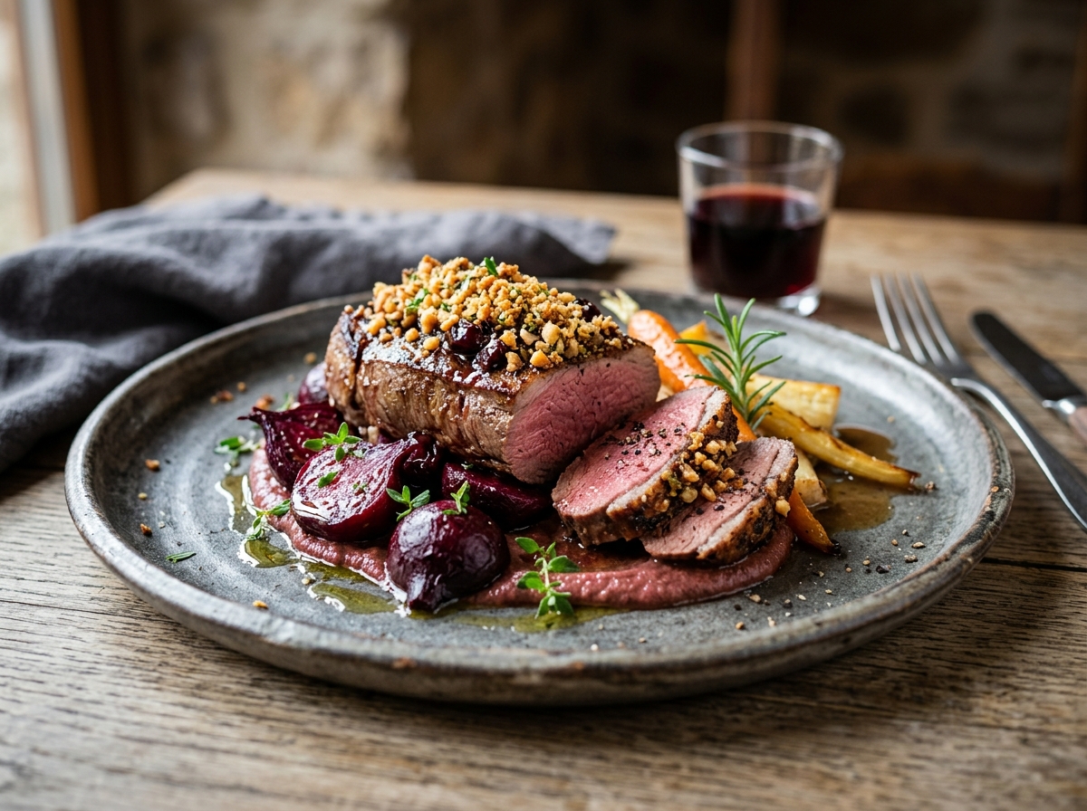 Hirsch-Steak mit Roter Bete & Haselnuss-Knusper