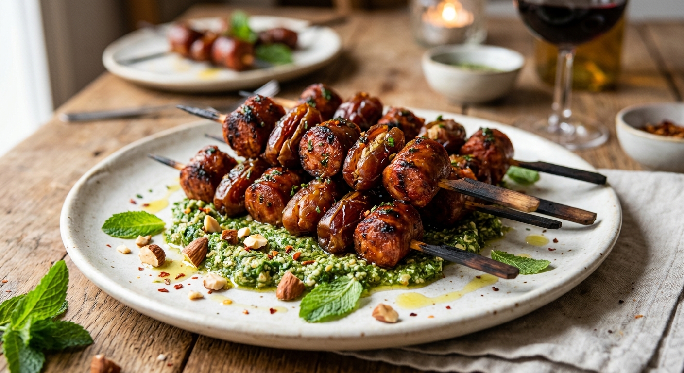 Chorizo-Dattel-Spieße mit Mandel-Minz-Pesto