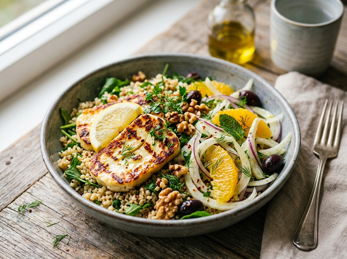 Griechisches Halloumi-Zitronen-Bowl mit Fenchel-Orangen-Salat