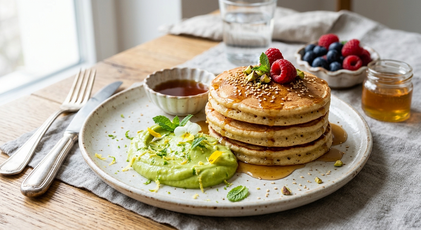 Miso-Ahorn Miso-Pancakes mit Yuzu-Avocado-Creme