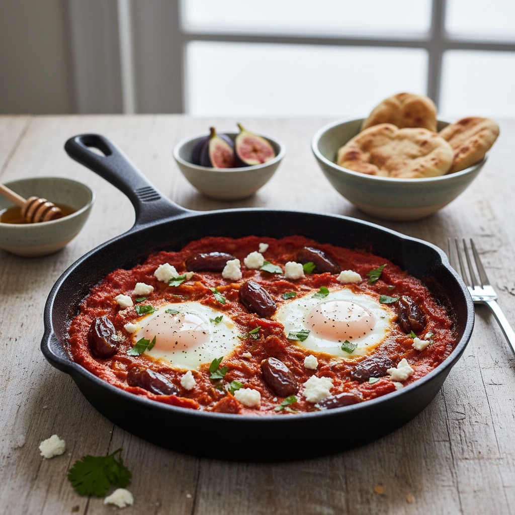 Marokkanisches Frühstücks-Shakshuka mit Datteln und Ziegenkäse