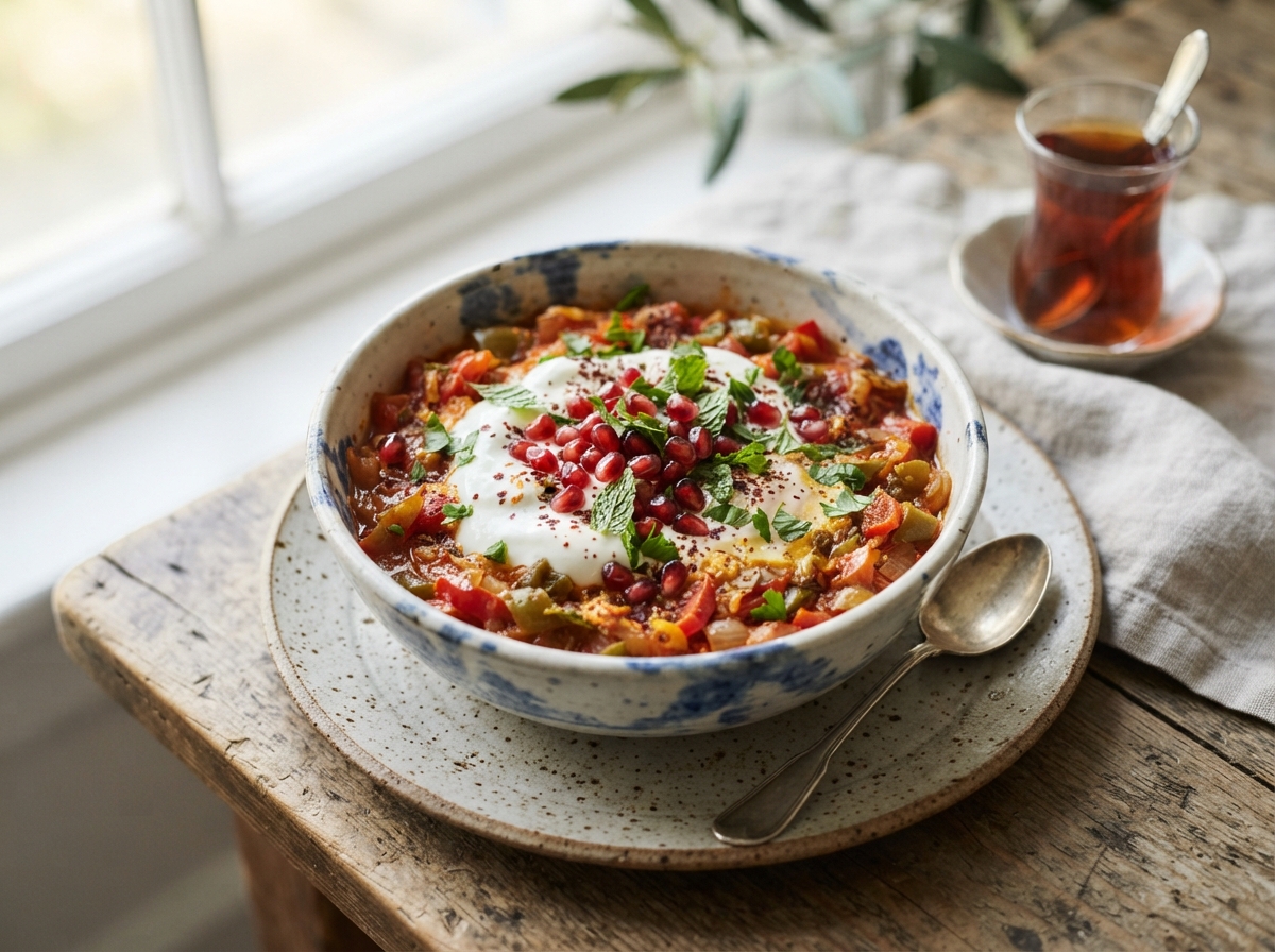 Türkisches Menemen-Bowl mit Granatapfel & Minze
