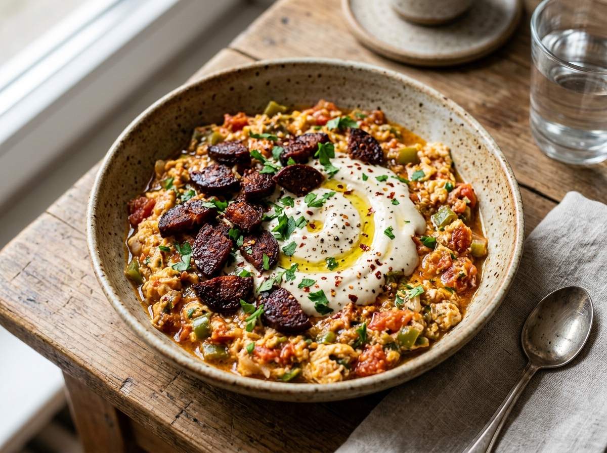 Türkisches Menemen mit würzigem Sucuk-Knusper und Tahini-Joghurt