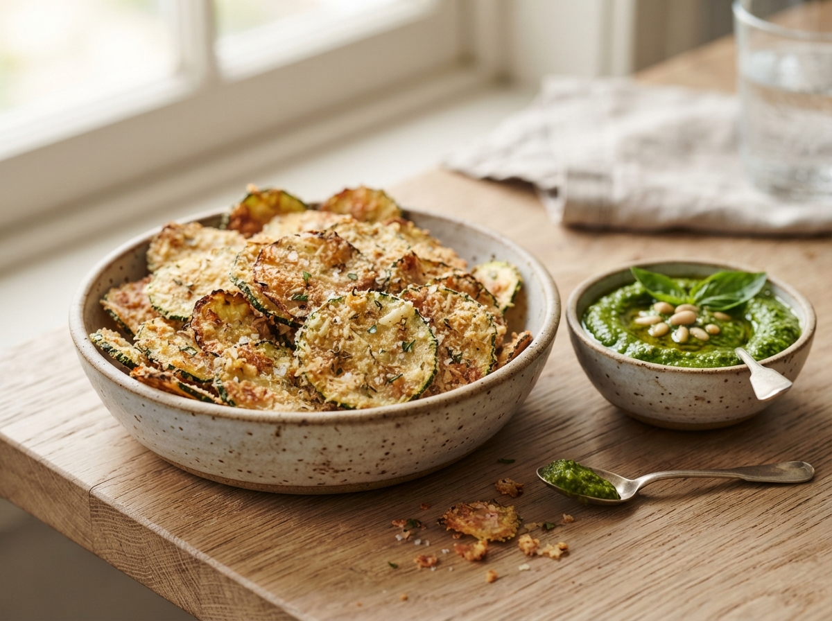 Zucchini-Parmesan-Chips mit Pesto-Dip