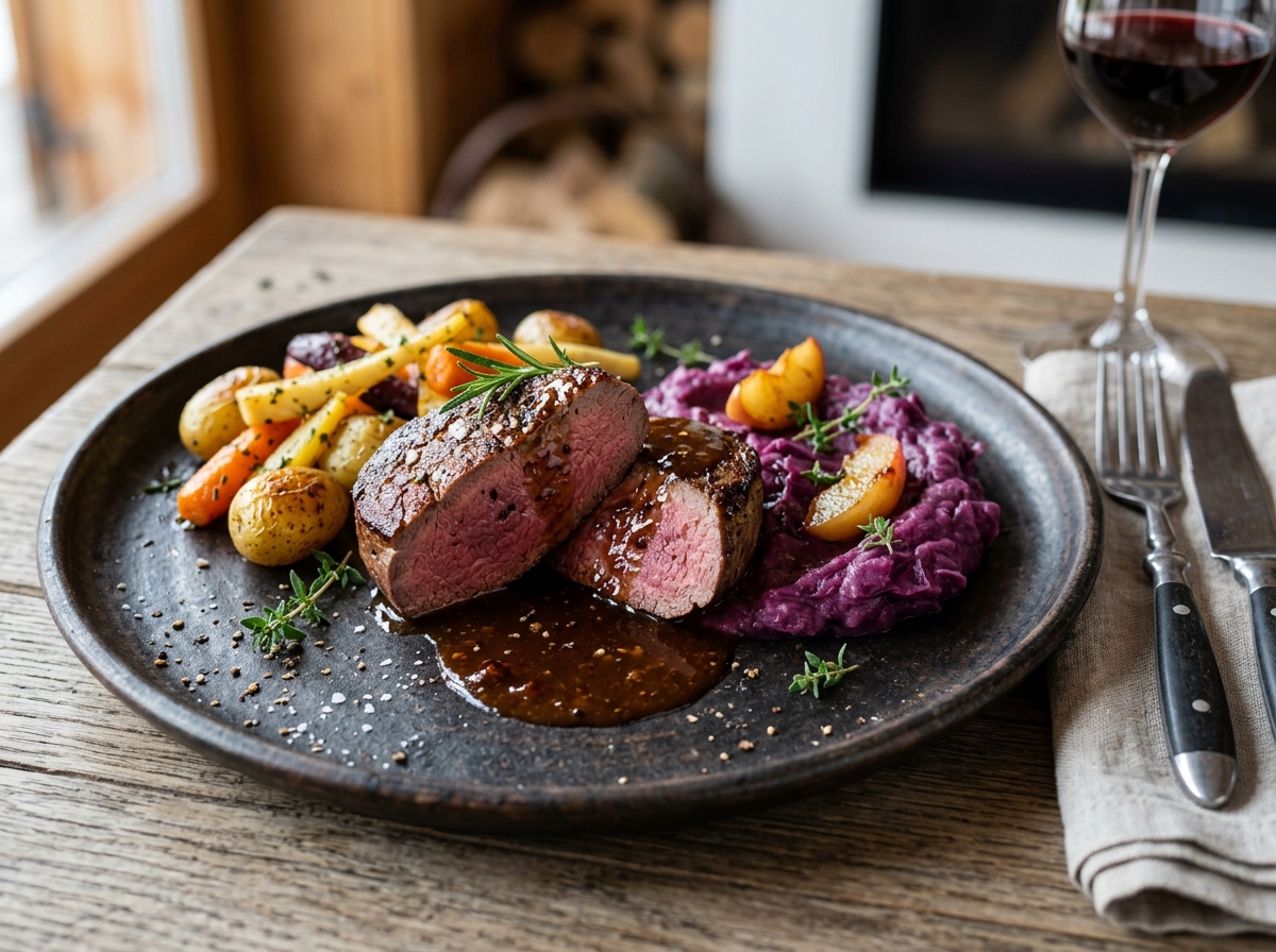Hirschsteak mit Lebkuchen-Jus und karamellisiertem Rotkohl-Apfel-Püree