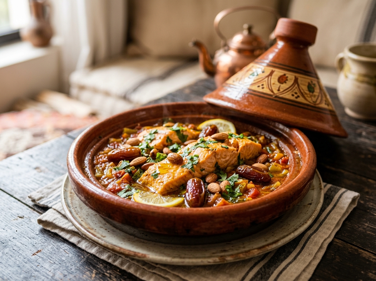 Marokkanisches Lachs-Tajine mit Datteln und Mandeln