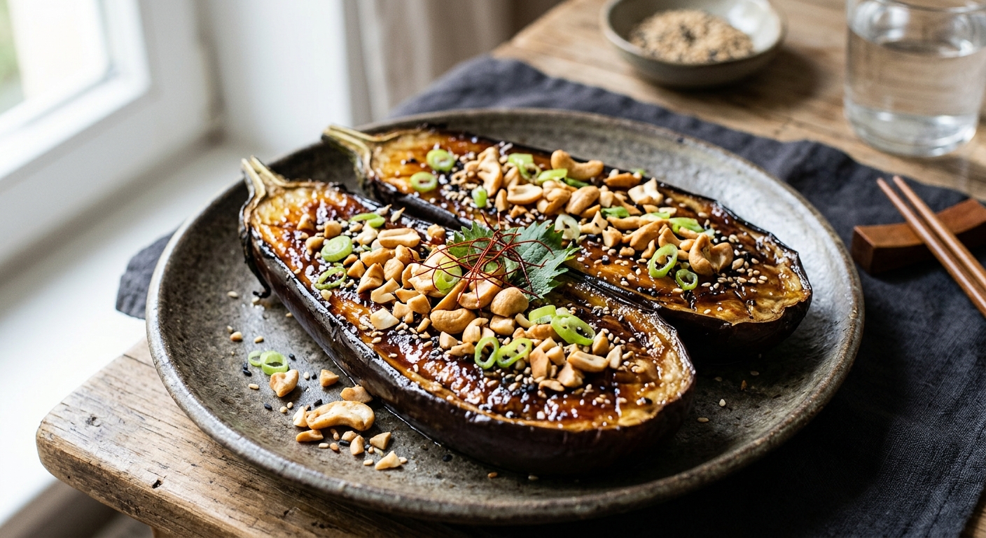 Miso-glasierte Miso-Auberginen mit gerösteten Cashew-Splittern