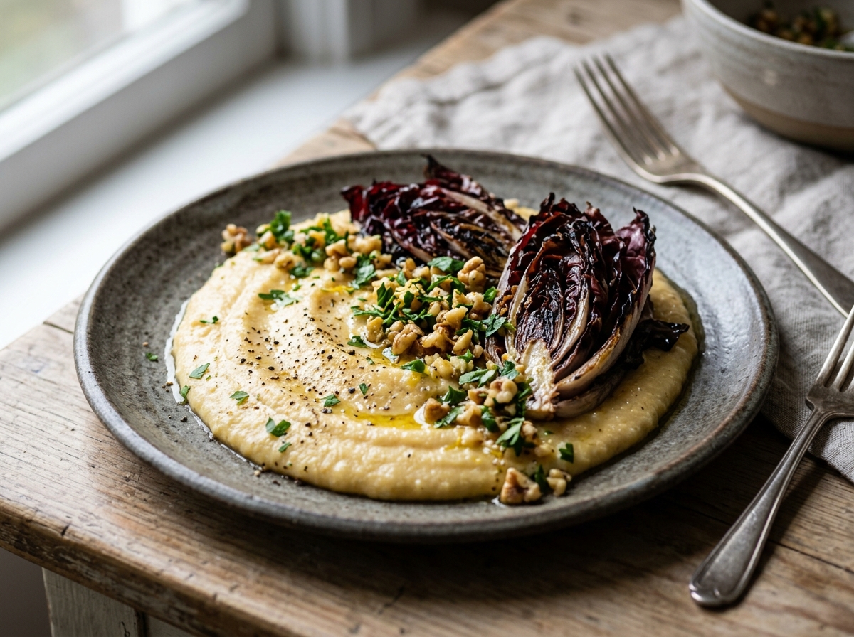Miso-Polenta mit geröstetem Radicchio und Walnuss-Gremolata