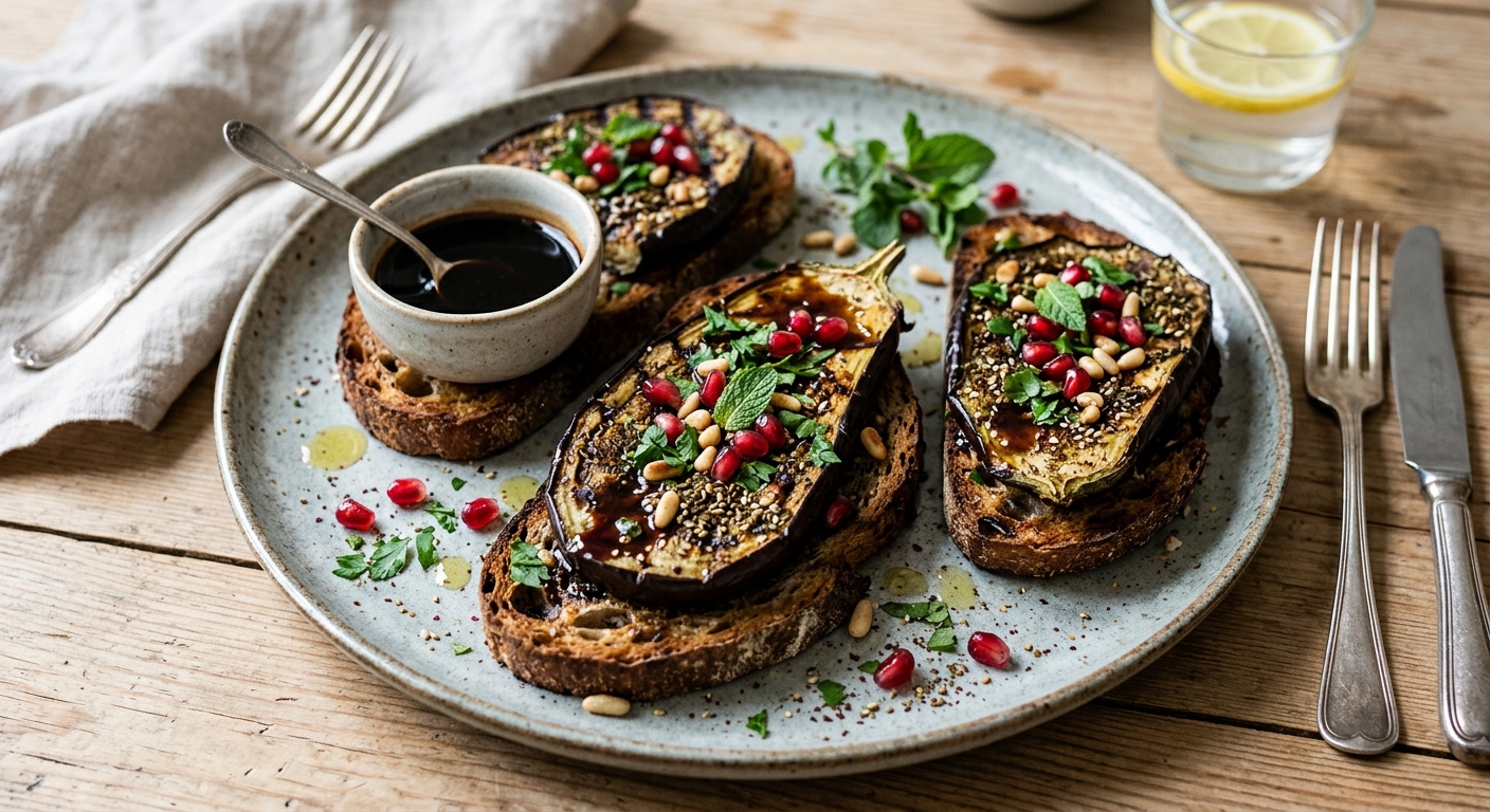 Za'atar-Auberginen-Schnitten mit Granatapfel-Melasse-Glaze