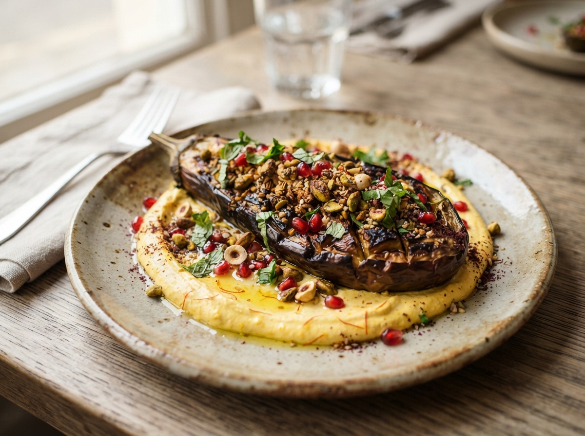 Gegrillte Aubergine auf Safran-Joghurt mit Granatapfel-Dukkah