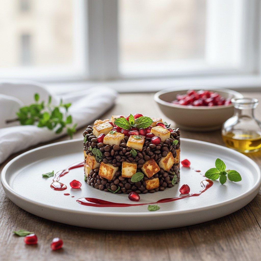 Griechisches Linsen-Halloumi-Tartare mit Granatapfel-Vinaigrette