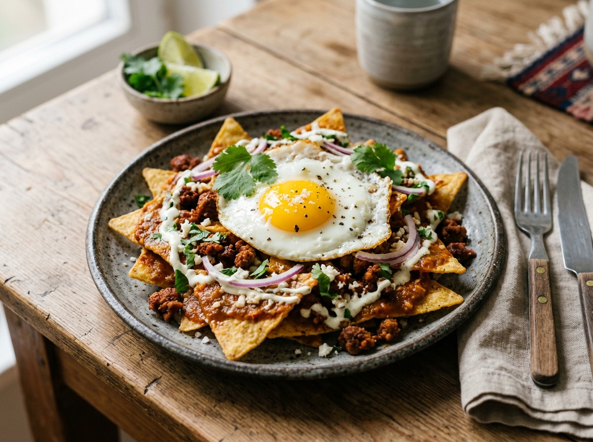 Chorizo-Chilaquiles mit Spiegelei & Limetten-Crema