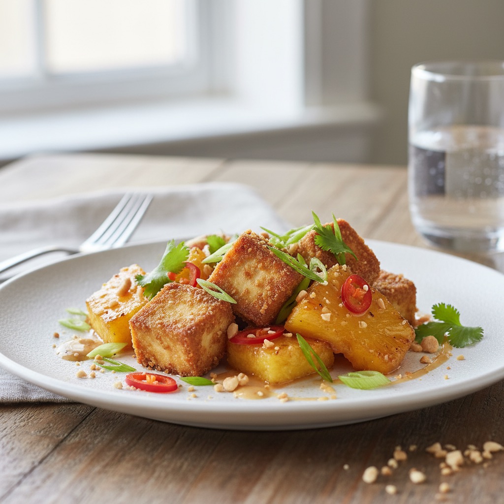 Zitronengras-Erdnuss-Tofu mit Karamell-Ananas
