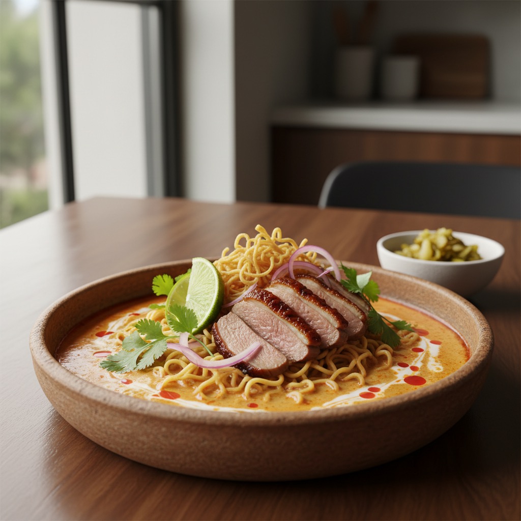 Khao Soi Fusion mit Kokos-Limetten-Entenbrust