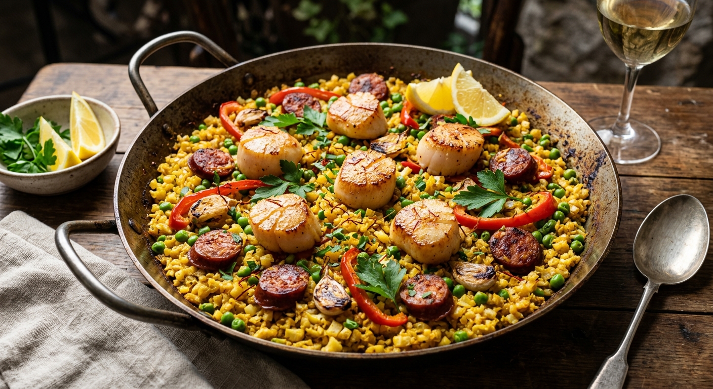 Saffron-Cauliflower 'Paella' with Chorizo & Scallops