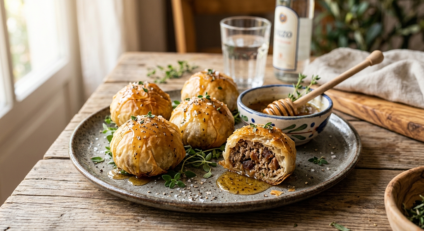 Lamm-Feigen-Pralinen im Filo-Mantel mit Ouzo-Honig