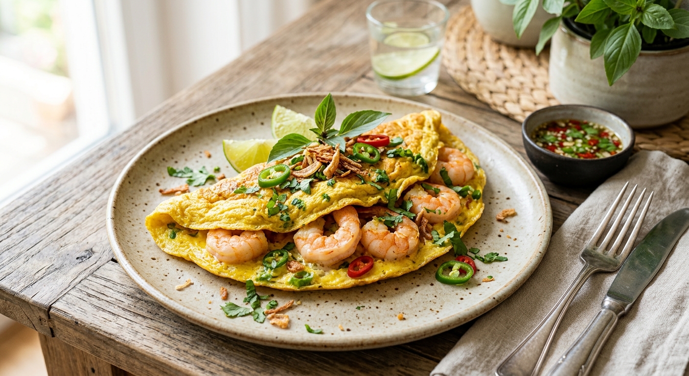 Thailändisches Kokos-Kurkuma-Omelett mit Garnelen