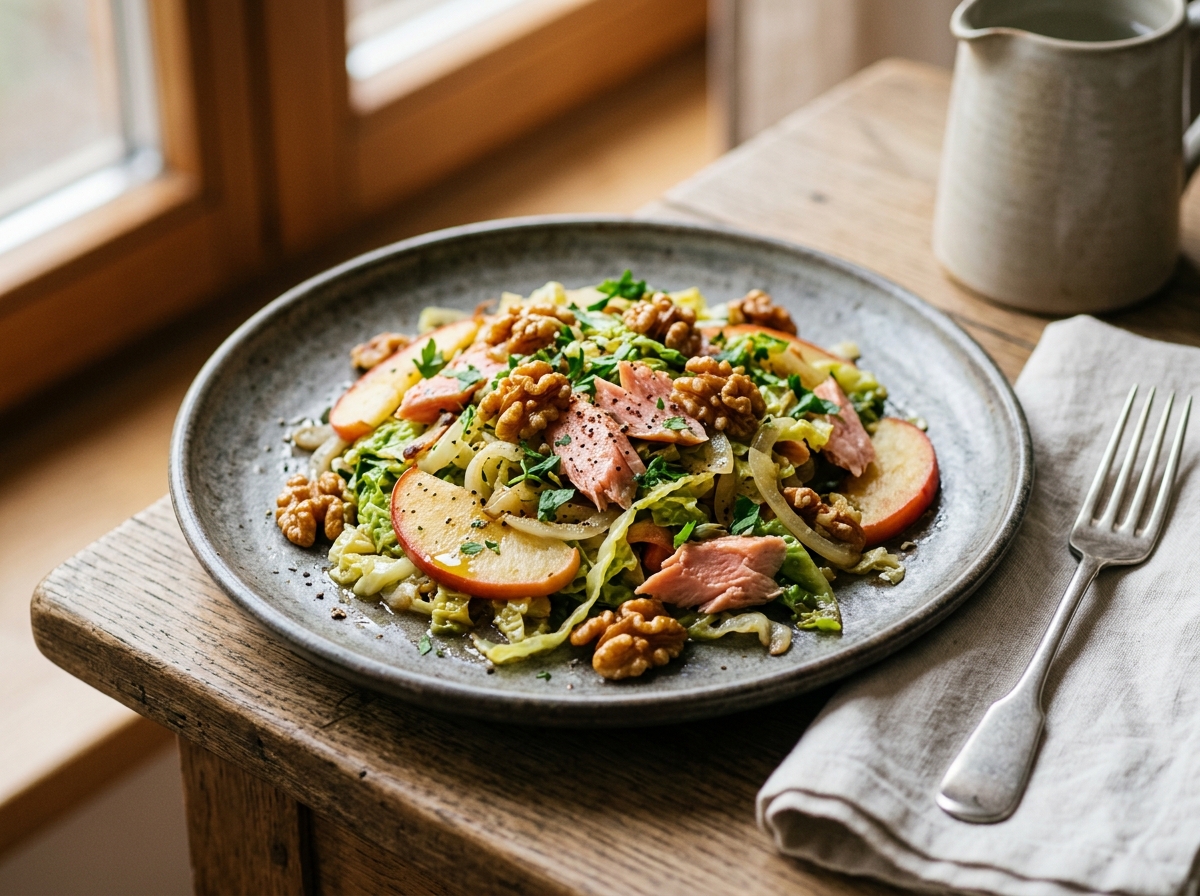 Apfel-Wirsing-Pfanne mit karamellisierten Walnüssen und geräucherter Forelle