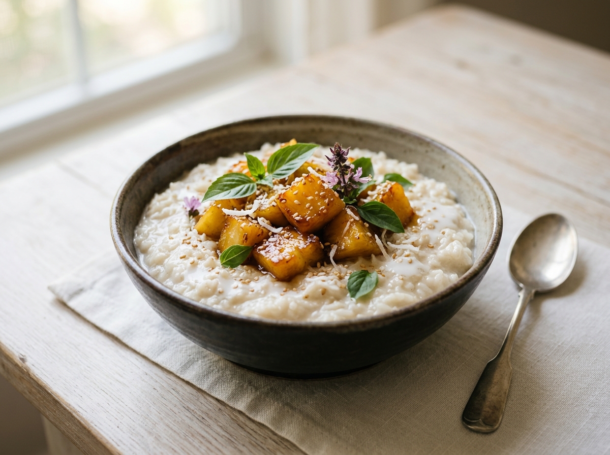 Thai-Kokos-Reisporridge mit karamellisierten Ananas-Würfeln