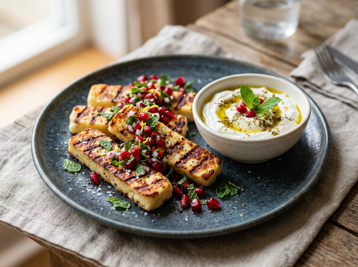 Gegrillte Halloumi-Sticks mit Granatapfel-Minz-Salsa & griechischem Joghurt-Dip