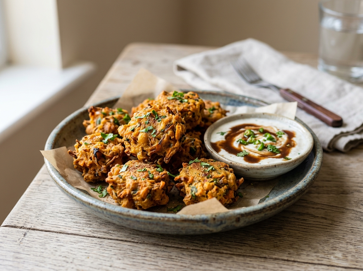 Masala-Süßkartoffel-Kichererbsen-Pakoras mit Tamarinden-Joghurt