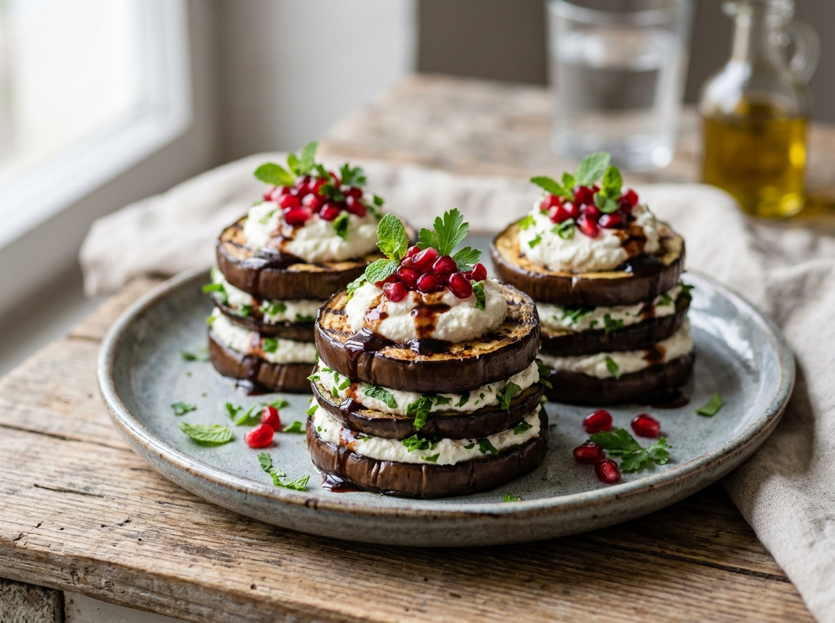 Griechische Auberginen-Türmchen mit Feta-Mousse & Granatapfel-Reduktion