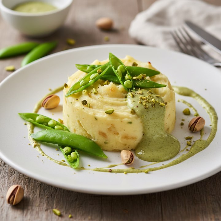 Kartoffel-Püree mit Zuckerschoten und Pistazien-Creme