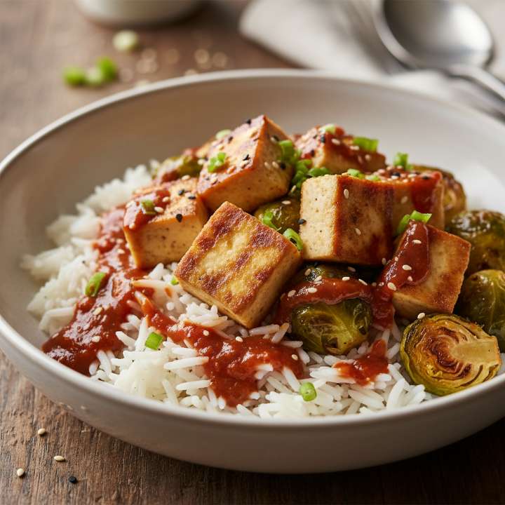 Würziger Tofu mit Rosenkohl und Reis