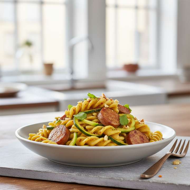Wurst-Zucchini-Nudelpfanne mit Curry