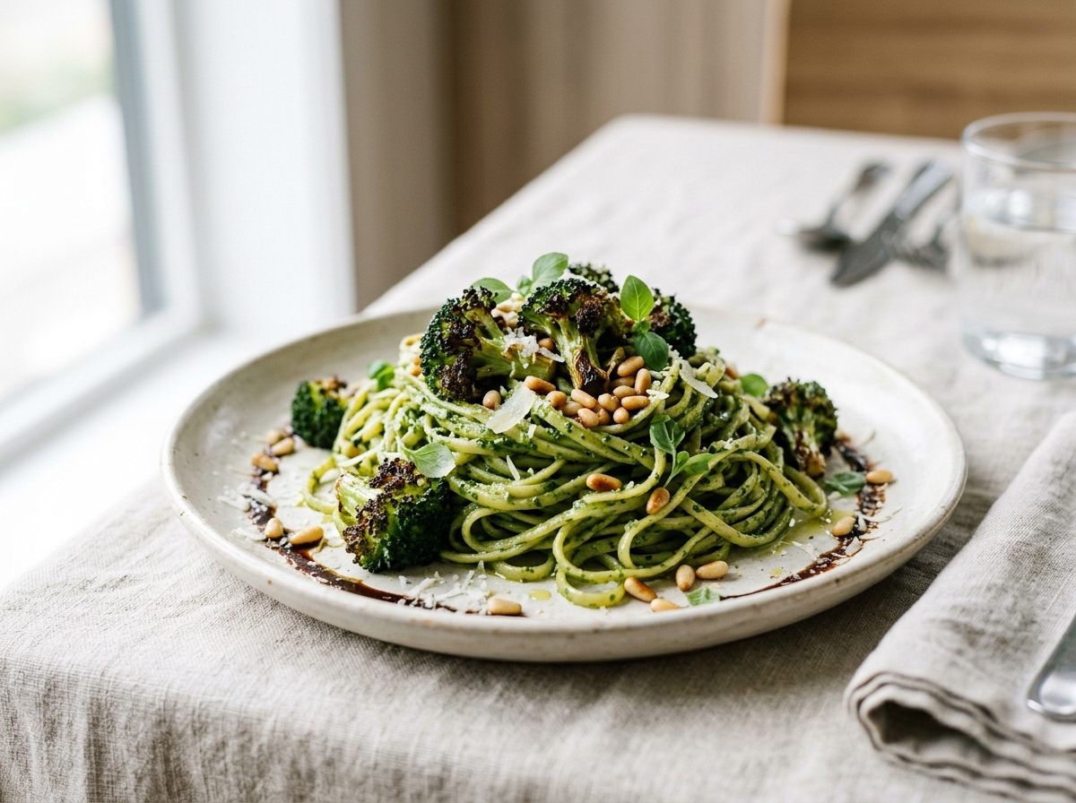 Spinat-Pesto-Pasta mit geröstetem Brokkoli und Pinienkernen