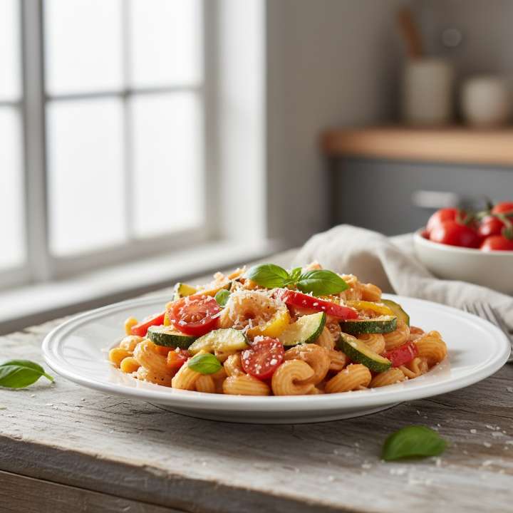 Zucchini-Paprika-Nudelpfanne mit Tomaten-Sahne-Sauce