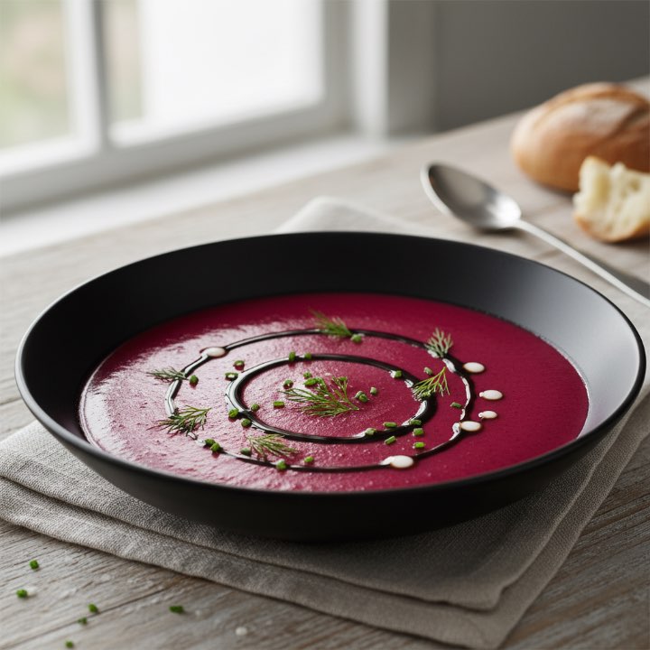 Rote Bete-Meerrettich-Suppe mit Balsamico-Glasur