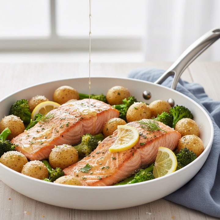 Seelachs-Salzkartoffel-Brokkoli-Pfanne mit Zitronenbutter