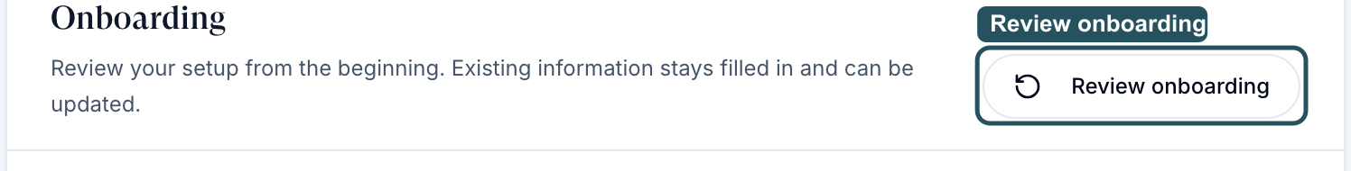 Onboarding section of Edit Account Information with the Review onboarding button