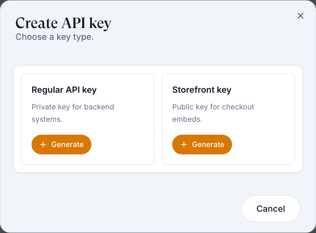 Create API key dialog with Regular API key and Storefront key cards