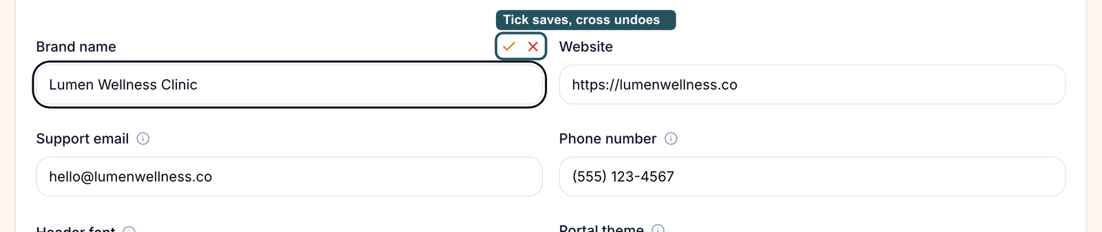Brand name edited, with the tick and cross beside its label, next to Website, Support email and Phone number