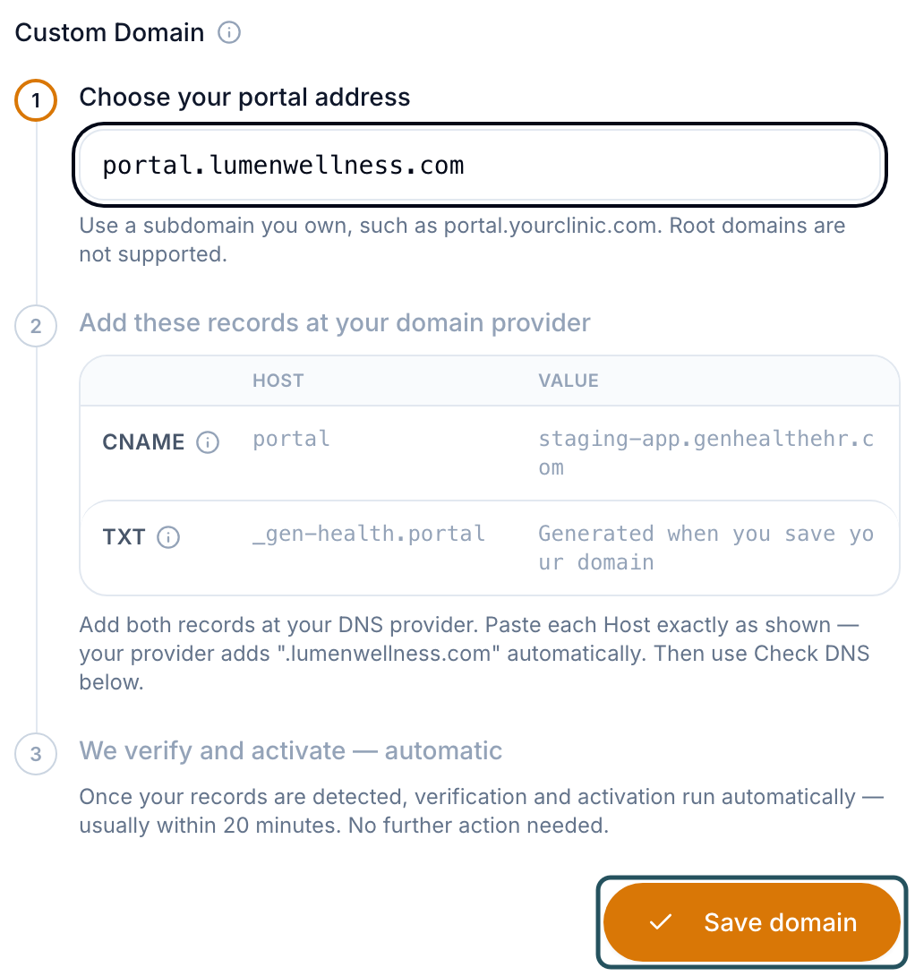 Custom Domain steps: Choose your portal address, the CNAME and TXT records to add, and Save domain