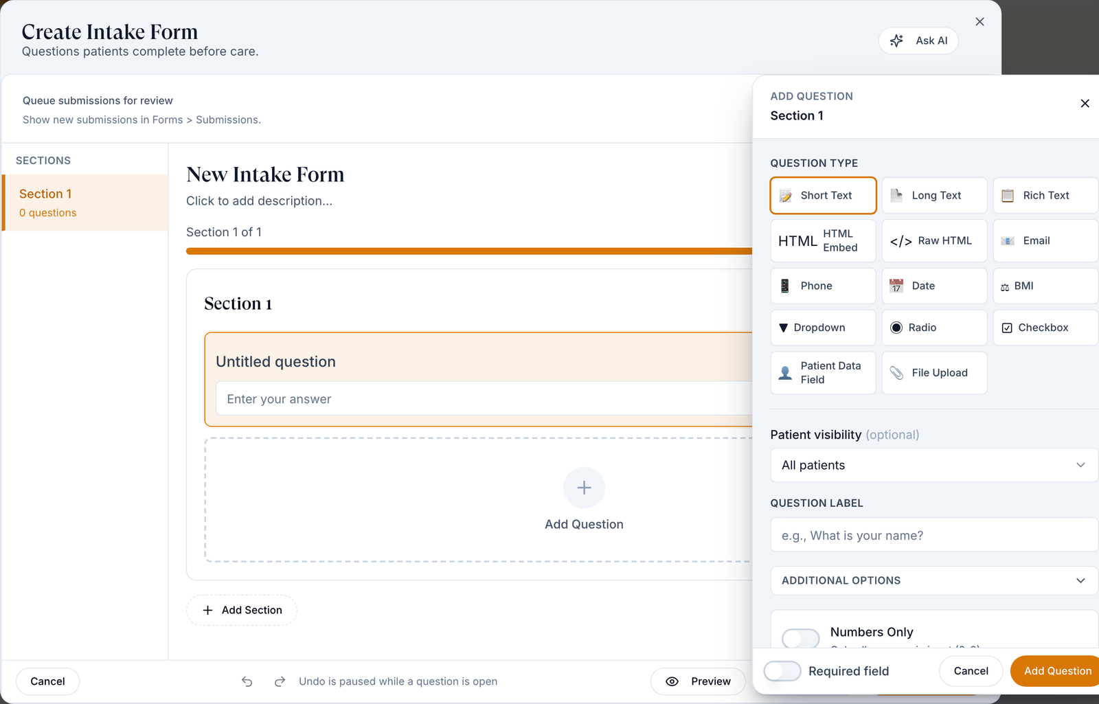 Form builder with the ADD QUESTION panel open, showing the question types Short Text to File Upload, QUESTION LABEL and Required field