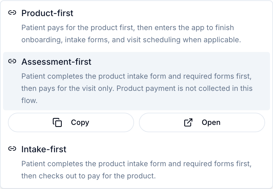 Checkout links menu on a product with Product-first, Assessment-first and Intake-first