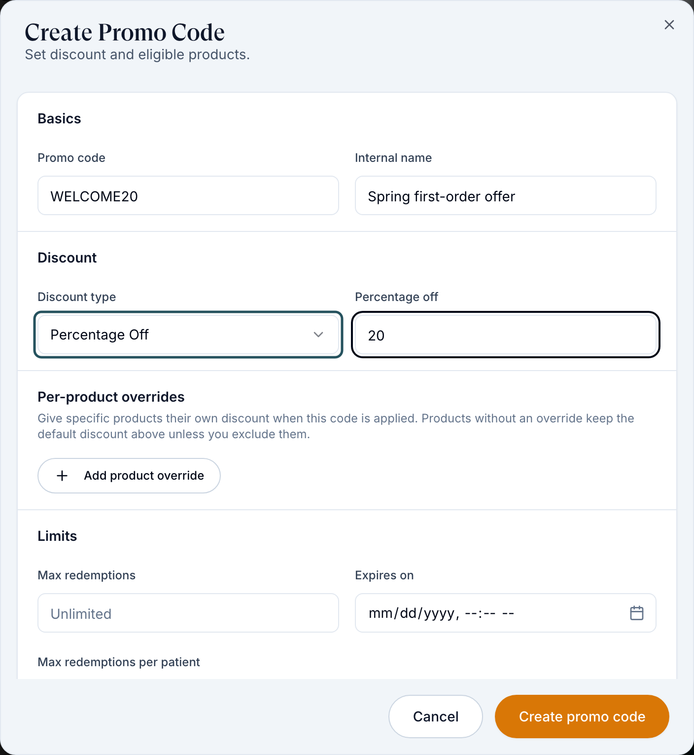 Create Promo Code dialog with Basics, Discount type Percentage Off, Per-product overrides, Limits and First-time patients only