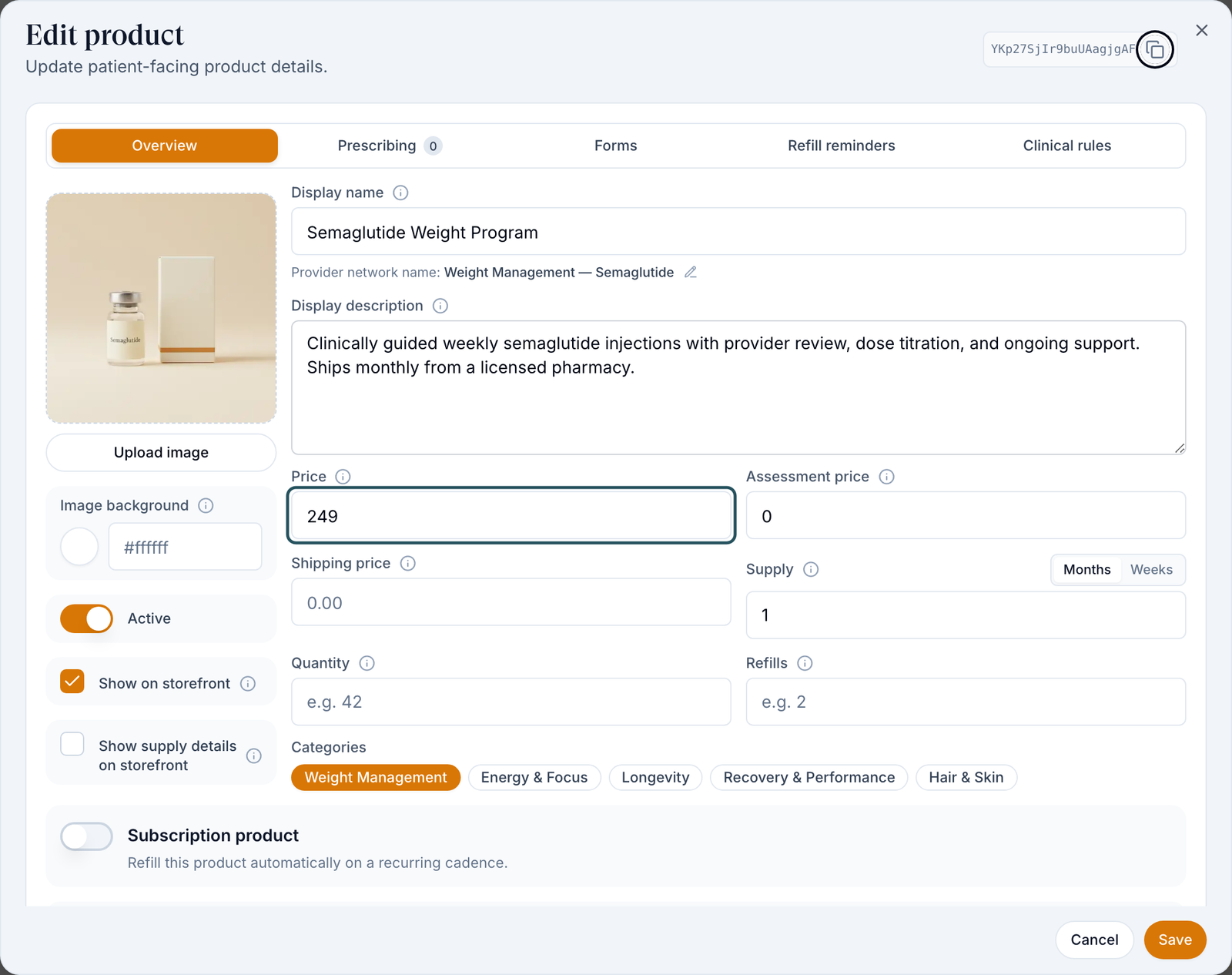 Edit product dialog, Overview tab: Display name, Price highlighted, Assessment price, Shipping price, Supply, Active and Show on storefront