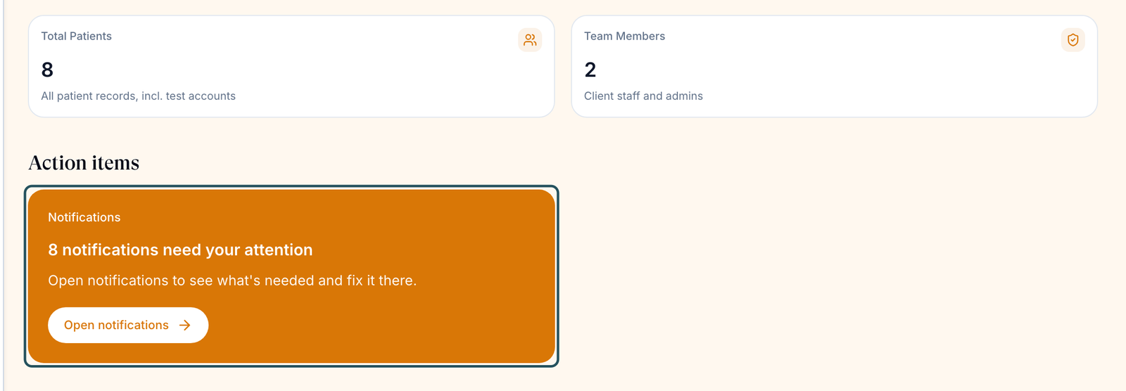 Client Staff Dashboard with Total Patients, Team Members and the Action items Notifications card