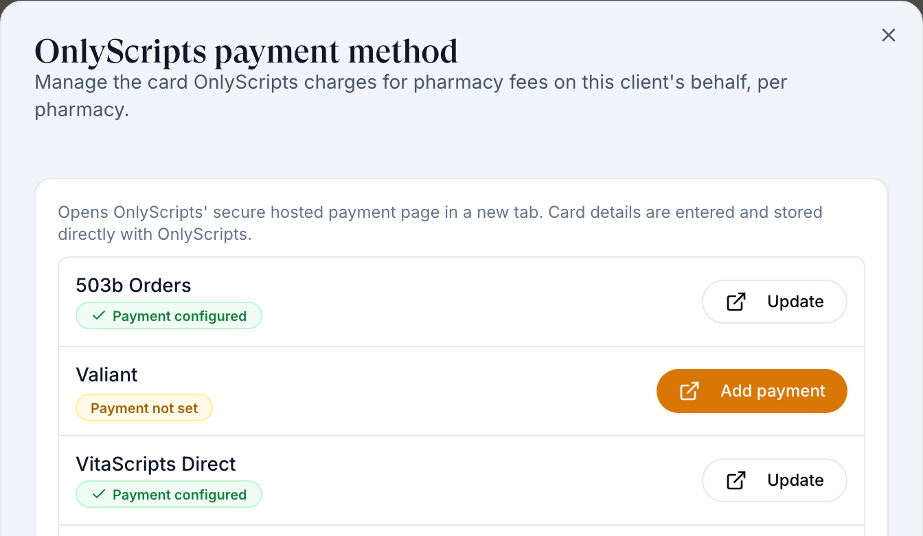 OnlyScripts payment method dialog listing pharmacies as Payment configured or Payment not set, with Update and Add payment buttons