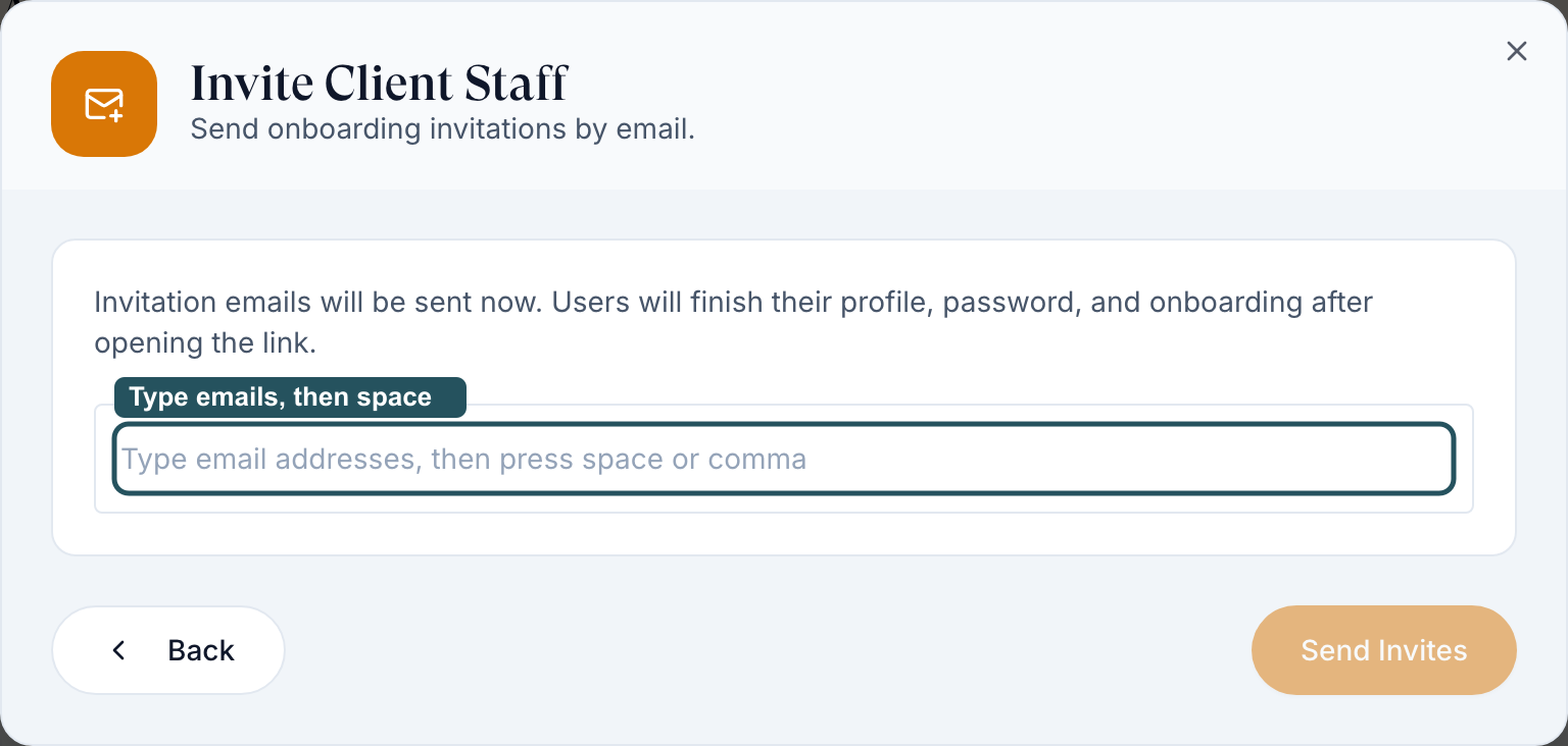 Invite Client Staff dialog with the email field, Back and Send Invites