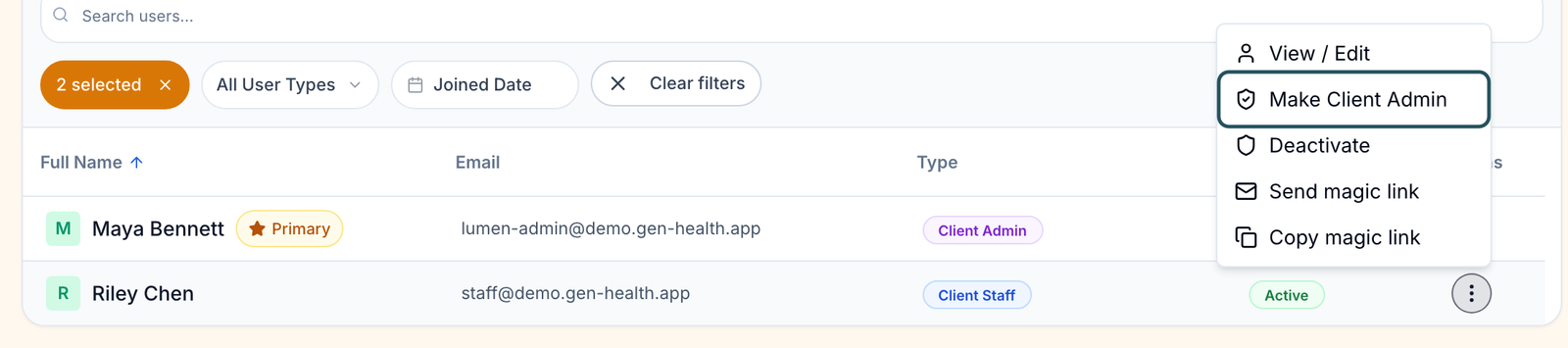 Users row menu for a Client Staff member with View / Edit, Make Client Admin, Deactivate, Send magic link and Copy magic link
