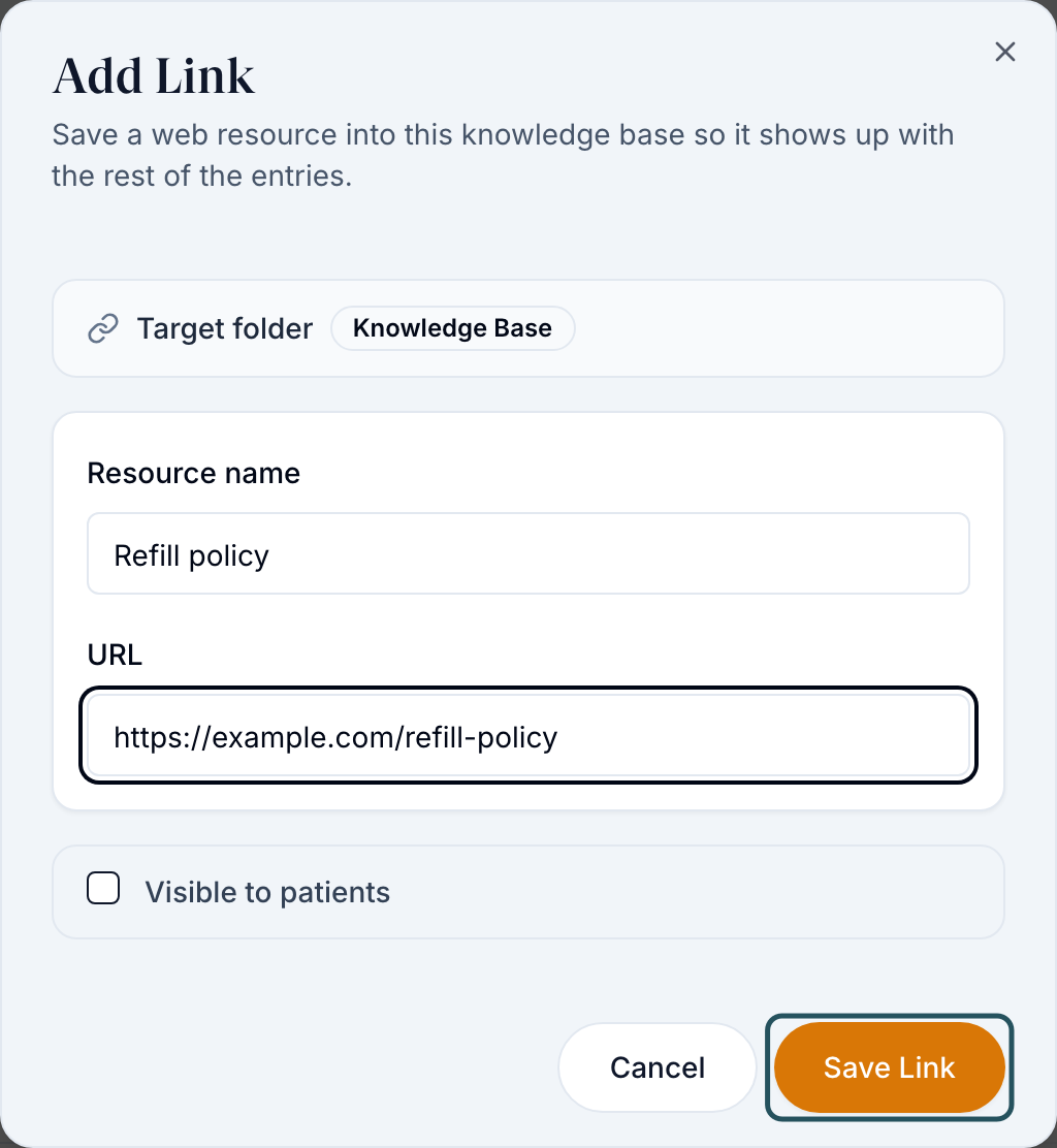 Add Link window with Resource name, URL, the Visible to patients checkbox, Cancel and Save Link