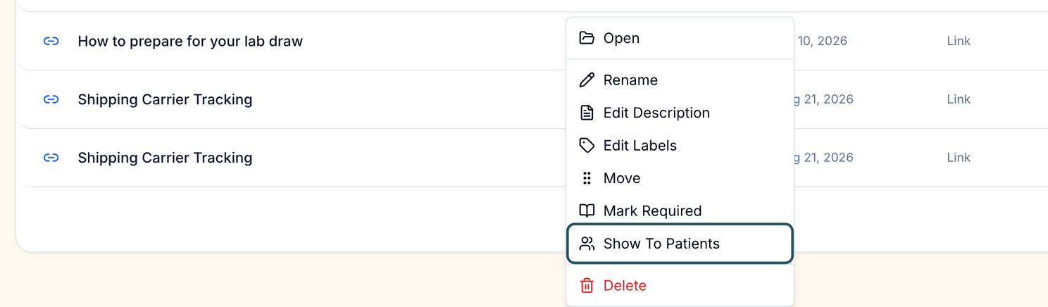 Right-click menu on a knowledge base link with Open, Rename, Edit Description, Edit Labels, Move, Mark Required, Show To Patients and Delete